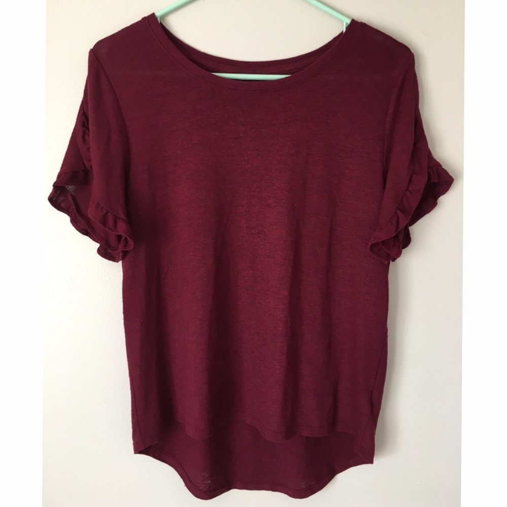 A New Day Short Sleeve Maroon Top with Ruffles